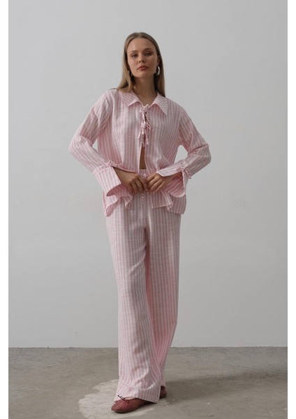 Çzgili Bağlamalı Pantolon Takım - Pembe