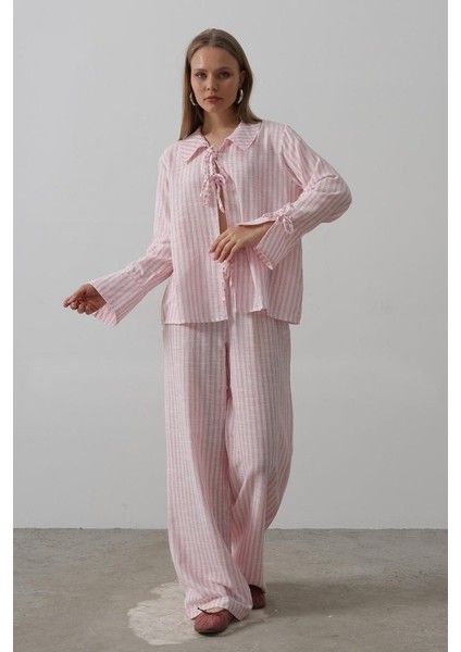 Çzgili Bağlamalı Pantolon Takım - Pembe