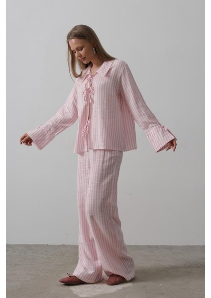 Çzgili Bağlamalı Pantolon Takım - Pembe