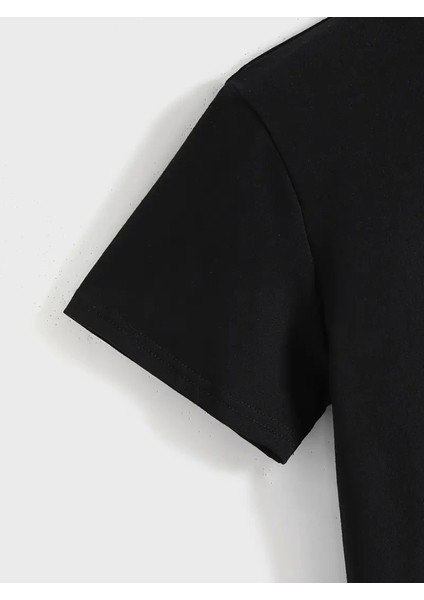 Baskılı Oversize Bisiklet Yaka T-Shirt - Siyah