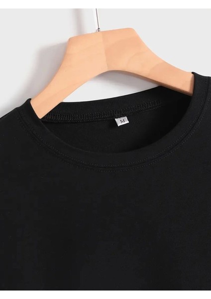 Baskılı Oversize Bisiklet Yaka T-Shirt - Siyah