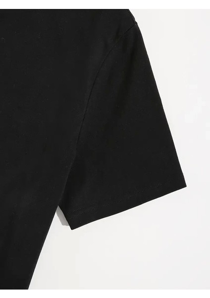 Baskılı Oversize Bisiklet Yaka T-Shirt - Siyah