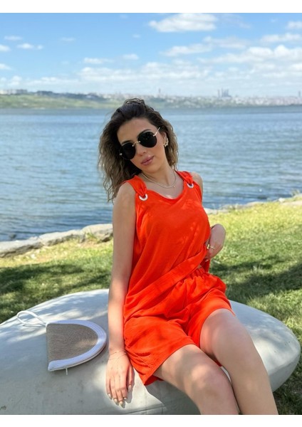 Kadın Kolsuz V Yaka Kuş Gözü Detay Bluz Short Aerobin Ikili Takım