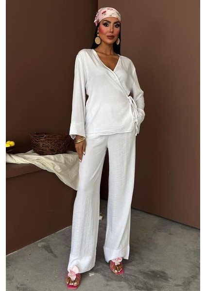 Kruvaze Model Klasik Pantolonlu Çupra Keten Takım 10191