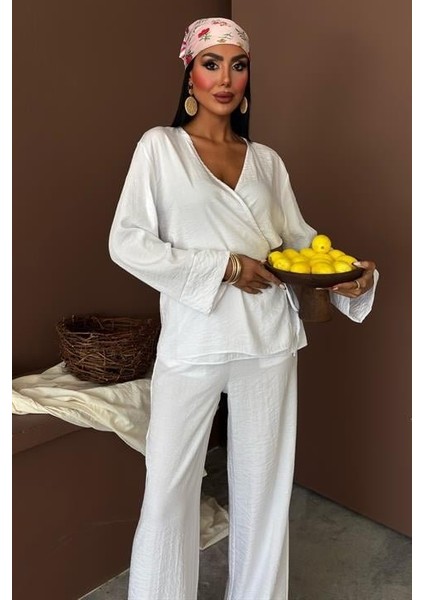 Kruvaze Model Klasik Pantolonlu Çupra Keten Takım 10191