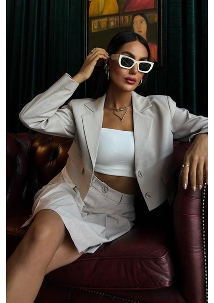 Crop Ceketli ve Pile Etekli Garnili Takım 10111