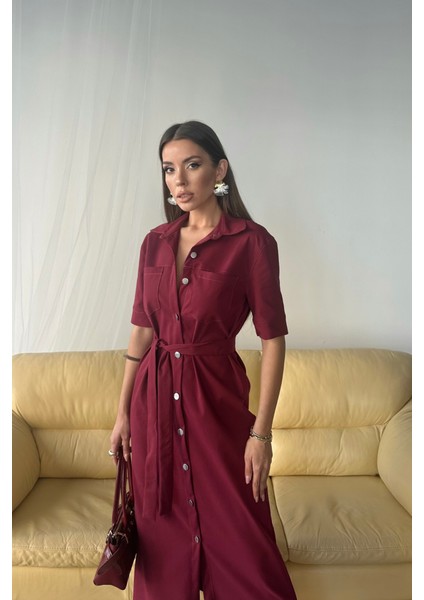Tencel Önden Düğmeli Kısa Kol Elbise - Bordo