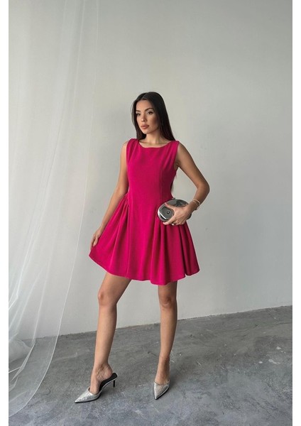 Fuşya Mini Boy Büzgülü Keten Elbise