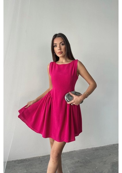 Fuşya Mini Boy Büzgülü Keten Elbise