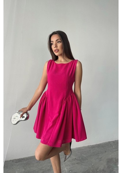 Fuşya Mini Boy Büzgülü Keten Elbise