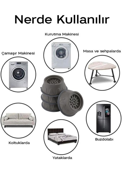 Çamaşır Makinesi Kurutma Titreşim Gürültü Önleyici Yükseltici Ayak Denge Ayağı Kaydırmaz Gri 8 Adet modelleri