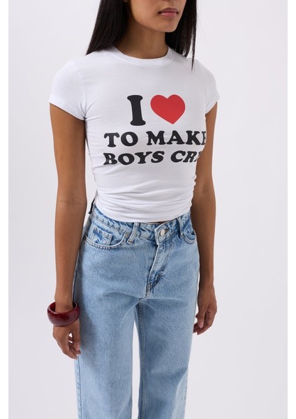 Nakış Detay Baskılı Crop T-Shirt