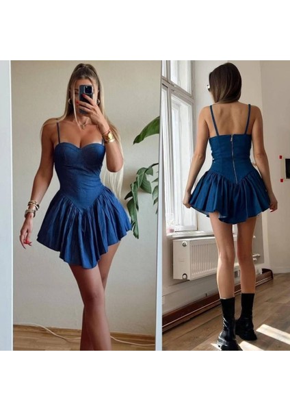 Kadın Kot Kumaş Göğüs Glop Detaylı Sırt Fermuarlı Mini Boy Elbise