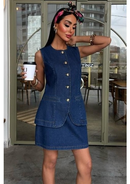 Kolsuz Yelekli Mini Etekli Denim Takım 10164