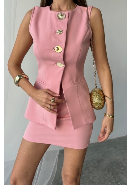 Klasik Gold Düğmeli Yelek - Kısa Etek Takım - Pembe