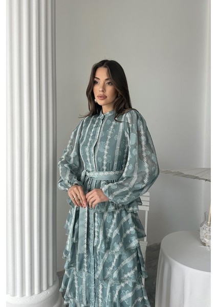 Mint Uzun Volanlı Elbise