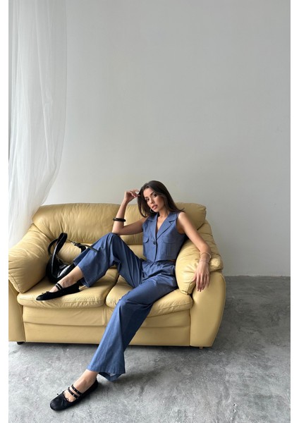 Tencel Crop Kolsuz Gömlek - Pantolon Takım - Indigo