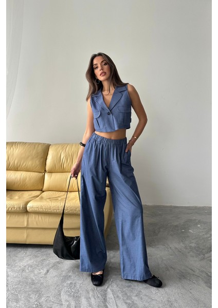 Tencel Crop Kolsuz Gömlek - Pantolon Takım - Indigo