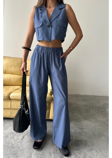 Tencel Crop Kolsuz Gömlek - Pantolon Takım - Indigo