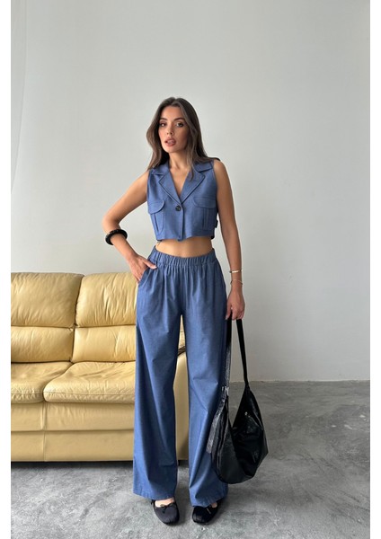 Tencel Crop Kolsuz Gömlek - Pantolon Takım - Indigo