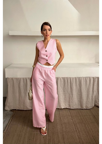 Gofre Çizgili Yelek - Pantolon Takım - Pembe
