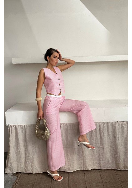 Gofre Çizgili Yelek - Pantolon Takım - Pembe
