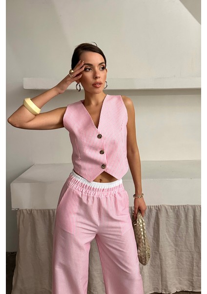 Gofre Çizgili Yelek - Pantolon Takım - Pembe