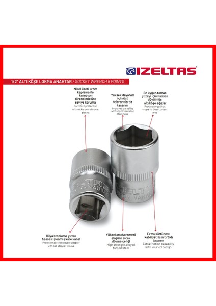 Altı Köşe Lokma Anahtar, 1/2 İnç 22 mm, Yüksek Tork Dayanımı