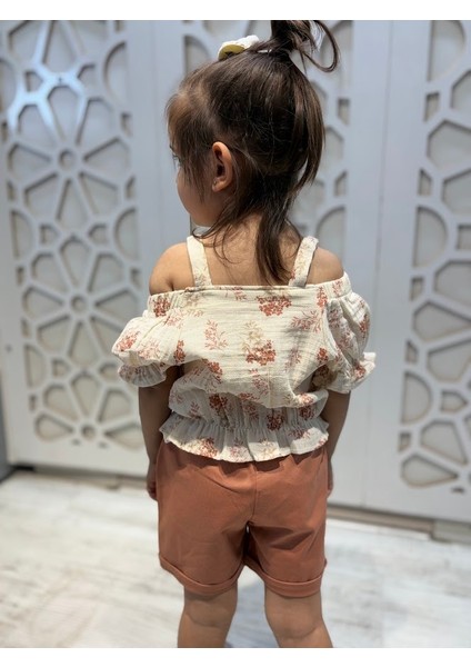 Müslin Yakası Lastikli Omuz Detaylı Gömlek Kiremit Kot Şort Kız Çocuk Alt Üst Takım