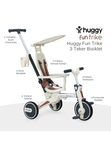 6in1 Funtrike Bej 3 Tekerlekli Bebek Bisikleti |ebeveyn Kontrollü, Katlanabilir ve Denge Modlu