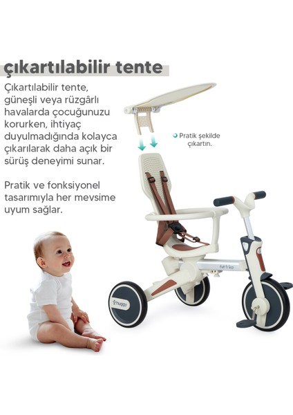 6in1 Funtrike Bej 3 Tekerlekli Bebek Bisikleti |ebeveyn Kontrollü, Katlanabilir ve Denge Modlu