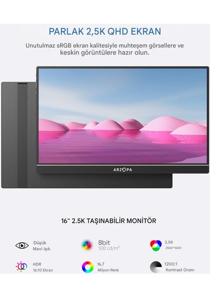 Z1RC 16" 25 Ms 2.5k 60Hz IPS Parlak Qhd Ekran Taşınabilir Monitör
