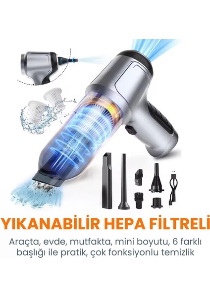 Kablosuz Çekme Üfleme Kuru Islak Fonksiyonlu Hepa Filtreli Ev Araç Şarjlı Süpürge