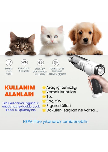 Kablosuz Çekme Üfleme Kuru Islak Fonksiyonlu Hepa Filtreli Ev Araç Şarjlı Süpürge