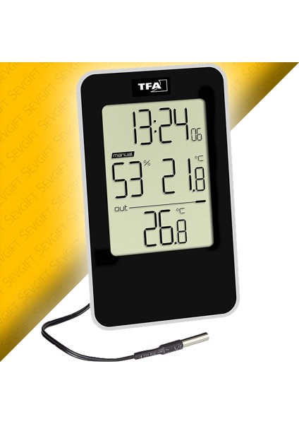Dijital Sıcaklık ve Nem Göstergesi – Kablolu Dış Sıcaklık Sensörlü, Iç Dış Ortam Ölçer, Yüksek Hassasiyetli Termometre | Tfa 30.5048.01