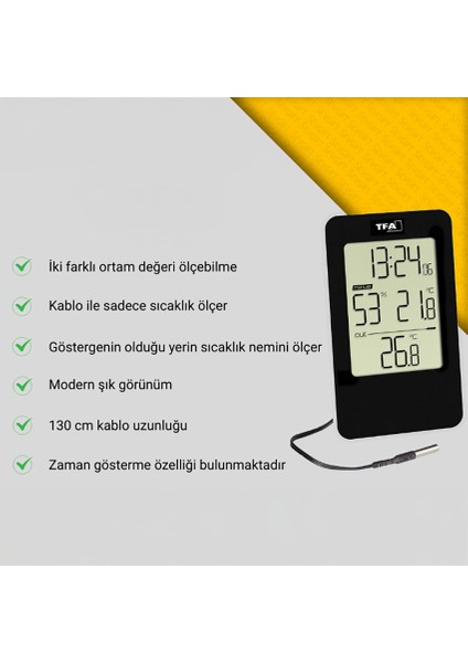 Dijital Sıcaklık ve Nem Göstergesi – Kablolu Dış Sıcaklık Sensörlü, Iç Dış Ortam Ölçer, Yüksek Hassasiyetli Termometre | Tfa 30.5048.01 modelleri