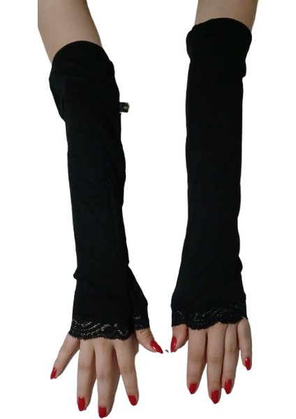 Parmak Geçmeli Siyah Dantelli Viskon Kolluk