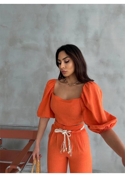 Keten Crop Karpuz Kol Bluz-Pantolon Hasır Kemerli - Orange