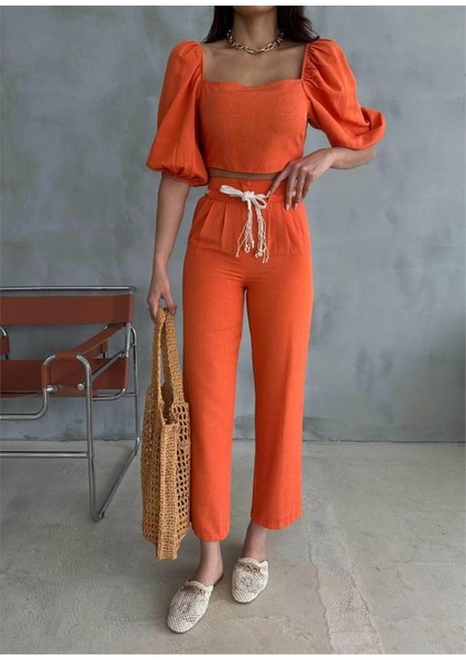 Keten Crop Karpuz Kol Bluz-Pantolon Hasır Kemerli - Orange