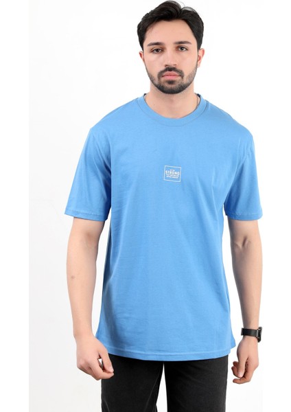 Erkek Bisiklet Yaka Strong Baskılı Pamuklu T-Shirt Mavi - 2271-3