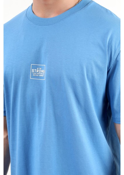 Erkek Bisiklet Yaka Strong Baskılı Pamuklu T-Shirt Mavi - 2271-3