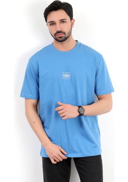 Erkek Bisiklet Yaka Strong Baskılı Pamuklu T-Shirt Mavi - 2271-3
