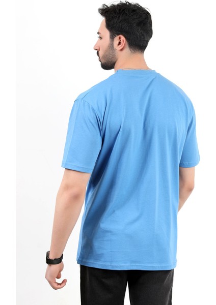 Erkek Bisiklet Yaka Strong Baskılı Pamuklu T-Shirt Mavi - 2271-3