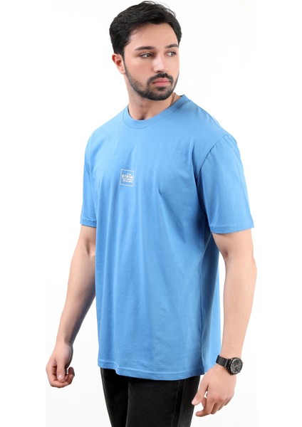 Erkek Bisiklet Yaka Strong Baskılı Pamuklu T-Shirt Mavi - 2271-3