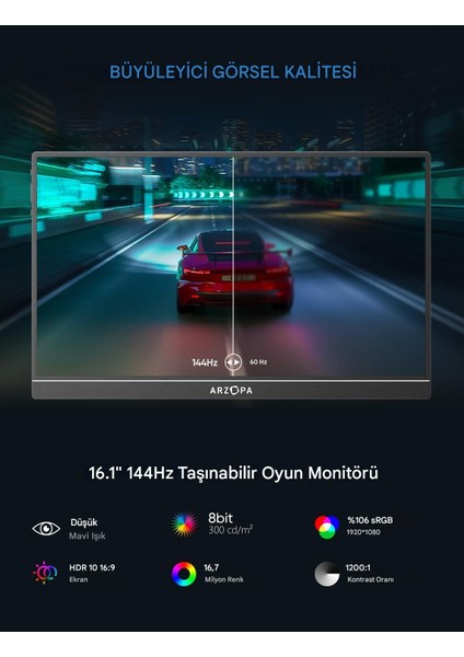 Z1FC 16.1" 12 Ms 144Hz Full Hd IPS Taşınabilir Oyuncu Monitör