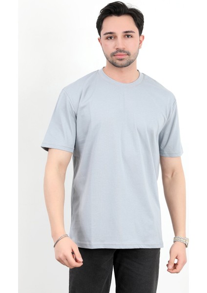 Erkek Bisiklet Yaka Basic Pamuklu T-Shirt Gri - 2271
