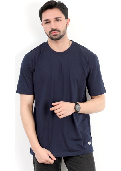 Erkek Bisiklet Yaka Basic Pamuklu T-Shirt Lacivert - 2271