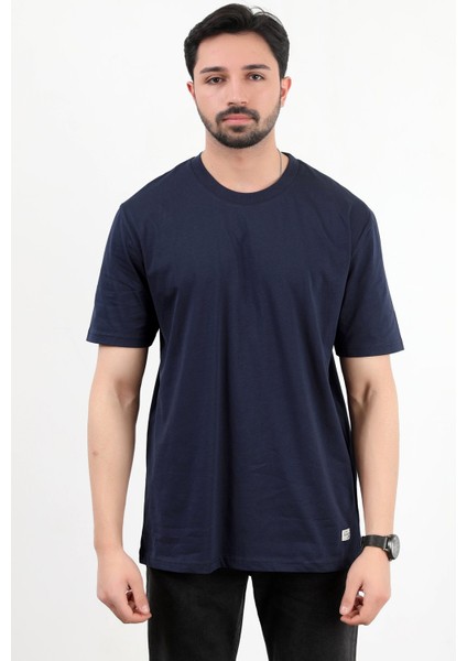 Erkek Bisiklet Yaka Basic Pamuklu T-Shirt Lacivert - 2271