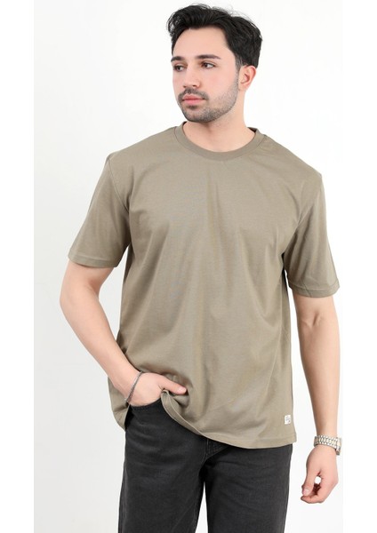 Erkek Bisiklet Yaka Basic Pamuklu T-Shirt Haki - 2271