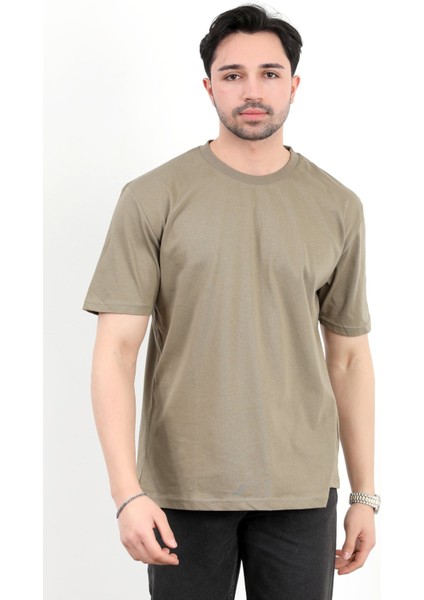Erkek Bisiklet Yaka Basic Pamuklu T-Shirt Haki - 2271